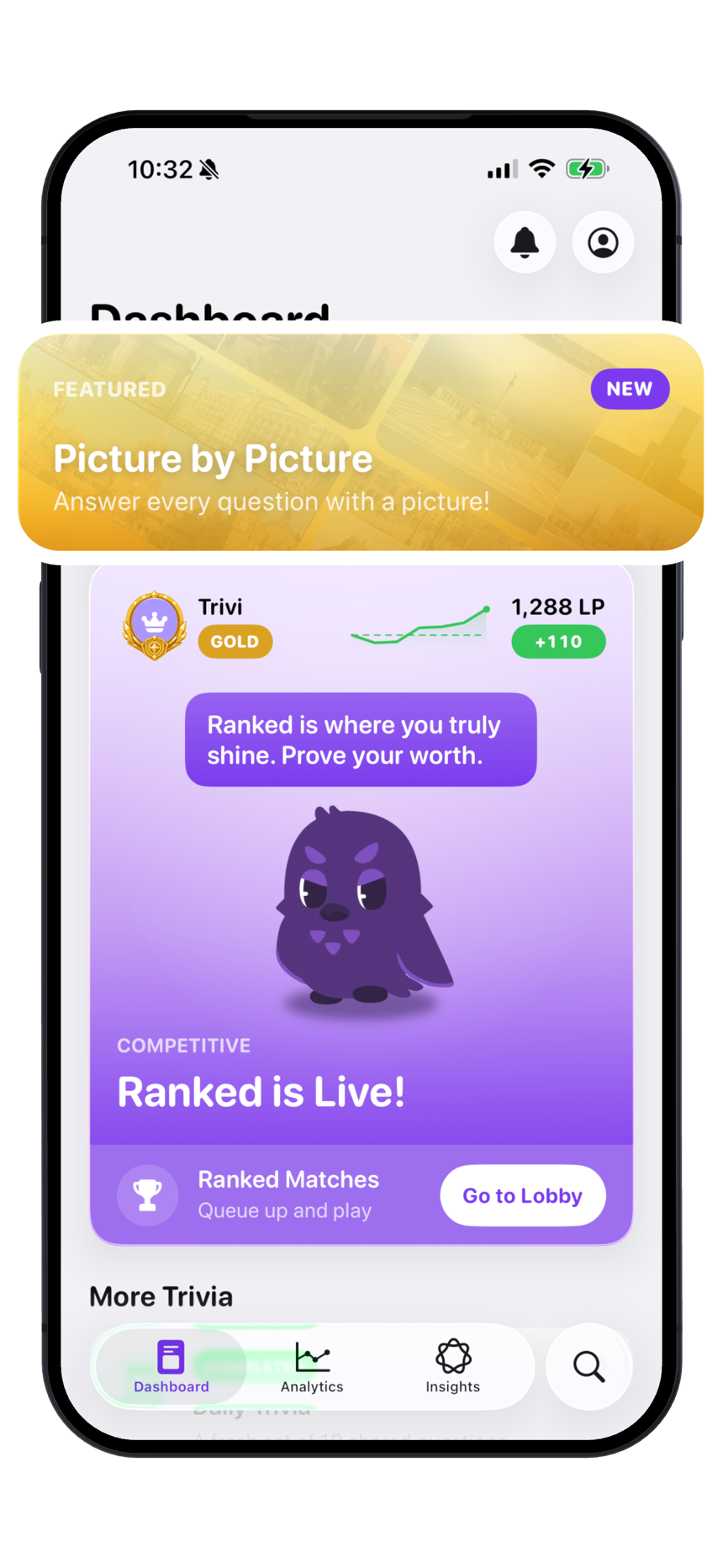 Trivi dashboard showing ranked mode and a featured Picture by Picture round.