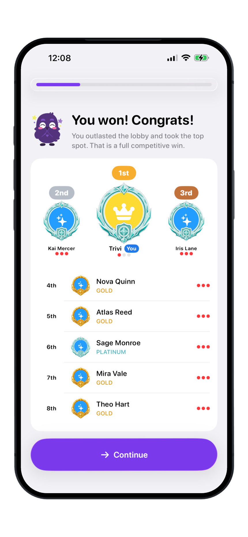 Trivi ranked results screen showing a first place finish and player placements.
